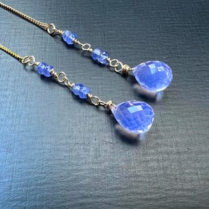 Lavender Moon Quartz Threader Earrings, Iridescent Gemstone Thread Earrings, Tanzanite Pull Through Earrings, Natural Crystal, Gift for Her