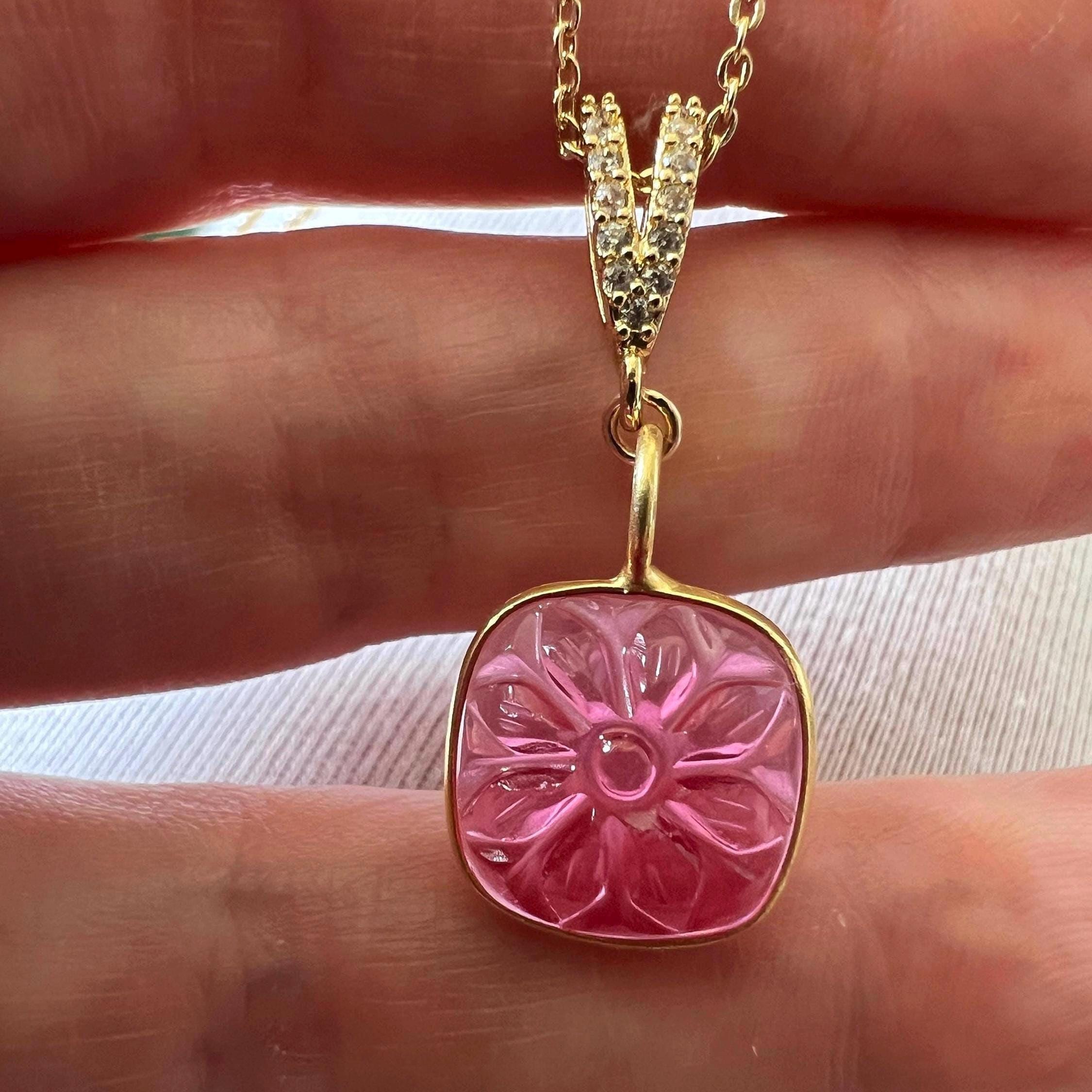 Pink Tourmaline Flower Pendant with Gold Satellite Chain Necklace,Carved Gemstone Pendant,Floral Crystal Charm,Botanical Gift for Women