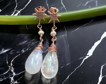 Rainbow Moonstone Rose Gold Starburst Earrings, Cz Star and Pearl Chain Studs, Moonstone Bridal Earrings, Celestial Gift for Her, Mystical