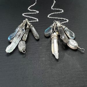 Angel Aura Quartz and Labradorite Threader Earrings Sterling Silver, Crystal Thread Through Earrings Long Chain String Earrings, Best Gift