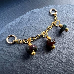 Black Opal Double Piercing Chain Connector 14K Gold Two Hole Earring, Connected Gemstone Dangle Charm