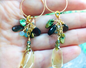 Yellow lemon quartz gemstone cluster earrings with green Keishi pearls, smoky quartz, Swarovski crystals, Easter earrings, gift for Mom