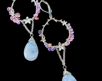 Pink Opal Dangle Earrings Rainbow Moonstone Earrings Silver Botanical Fairycore Earrings Floral Cottagecore Jewelry Gift for Women