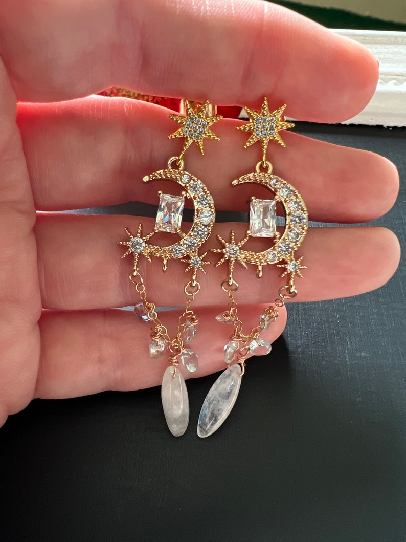 Moonstone Celestial Chandelier Earrings Gold Pave Aquamarine Earrings Galactic Moon and Star Rhinestone Jewelry Starseed Gift for Daughter image 3