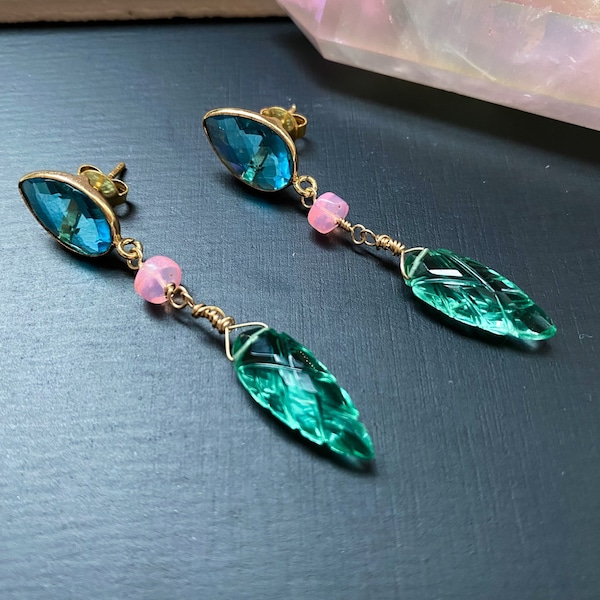 Topaz and Pink Opal Earrings Teal Green Crystal Carved leaf Earrings Sky Blue Topaz Jewelry Colorful Summer Gift for Her