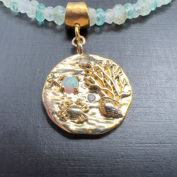 Gold Opal Medallion Necklace Apatite Gemstone Multi Stone Necklace Ocean Jewelry Gift for Wife