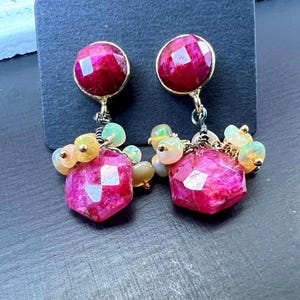 Ruby Earrings Studs 14K Gold Filled Opal Cluster Earrings, Mixed Metal Dangle Earrings, Hexagon Shaped Gemstone, Etsy Christmas Gift for Her