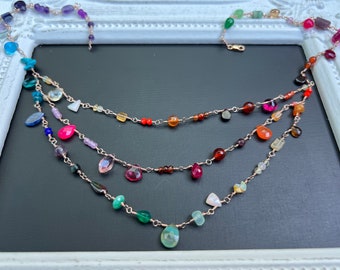 Regenbogen-Edelstein-Mehrstrang-Halskette aus 14 Karat Gold, Roségold oder Sterlingsilber. Perfektes Geschenk für Ehefrau, Freundin, Mutter. Handgefertigter Schmuck