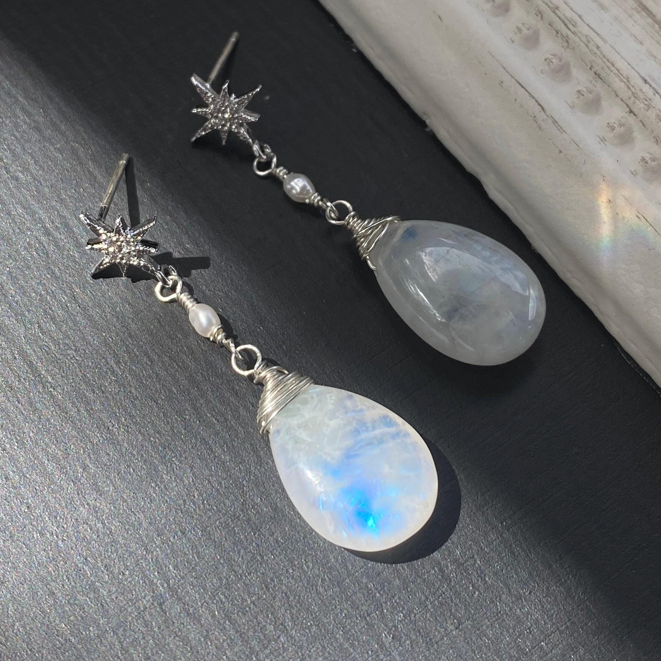 Sterling Silver Moonstone Earrings-Rainbow Moonstone Dangle Earrings-Star and Pearl Stud Drop Earrings-June Birthstone Gift for Her