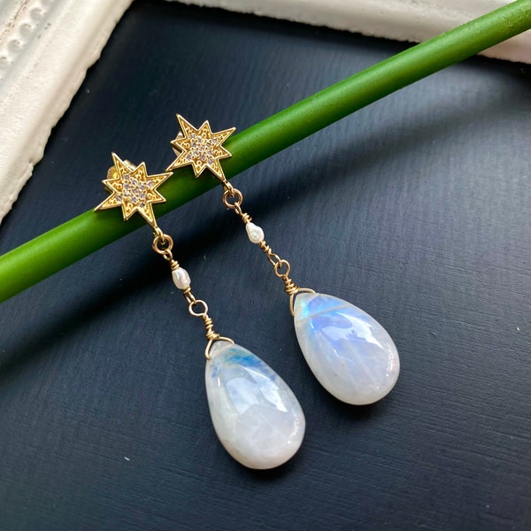 Starburst Moonstone Dangle Earrings Gold Dainty Pearl Star Earrings Rainbow Moonstone Earrings Celestial Wedding Jewelry Gift for Girlfriend