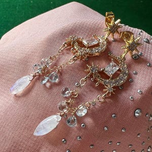 Rainbow Moonstone Moon Earrings, Aquamarine Starburst Earrings, Cz Stud Dangle Earrings, Gold Filled, Magical Earrings, Crescent Earrings
