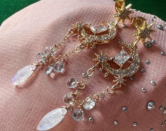 Rainbow Moonstone Moon Earrings, Aquamarine Starburst Earrings, Cz Stud Dangle Earrings, Gold Filled, Magical Earrings, Crescent Earrings