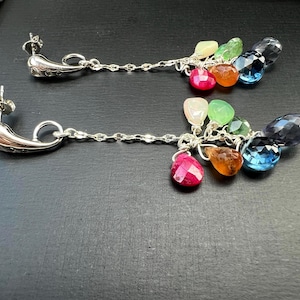 Rainbow Waterfall Gemstone Earrings, Sterling Silver Cz Drop Studs, Cascading Crystal Cluster Earrings, Ruby, Opal, Topaz, Chrysoprase