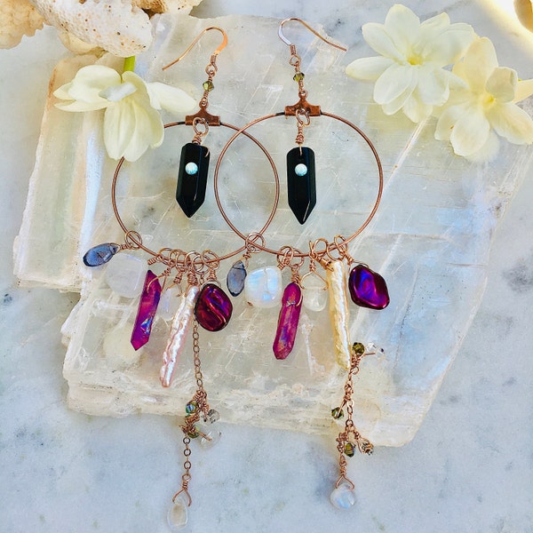 Black Onyx Chandelier Earrings with Opals, Pink Crystal, Tanzanite, Stick Pearl, Rainbow Moonstone