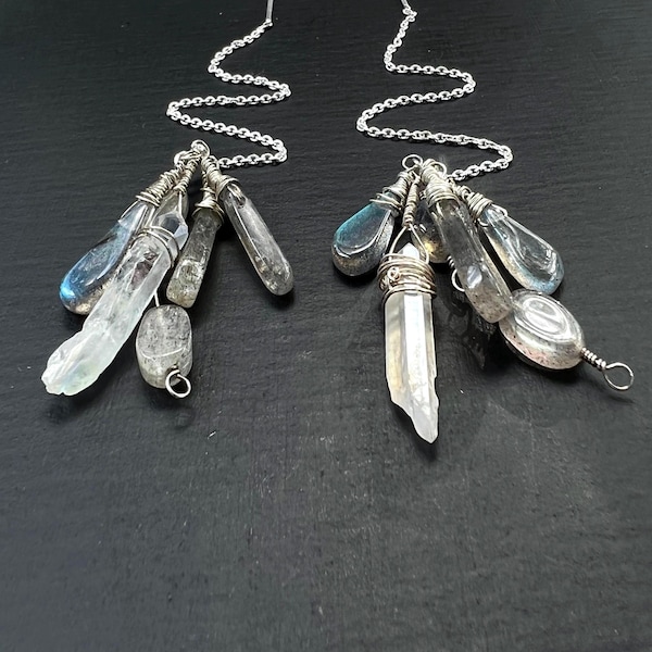 Ängel Aura Kvarts och Labradorit Trådörhängen Sterlingsilver, Kristall Genomgående Örhängen Långa Kedjor Örhängen, Bästa Gåva