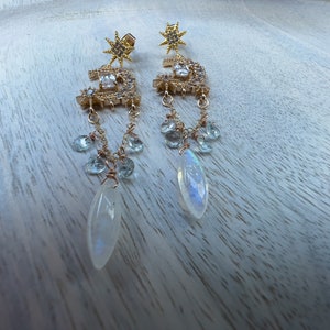 Moonstone Celestial Chandelier Earrings Gold Pave Aquamarine Earrings Galactic Moon and Star Rhinestone Jewelry Starseed Gift for Daughter image 5