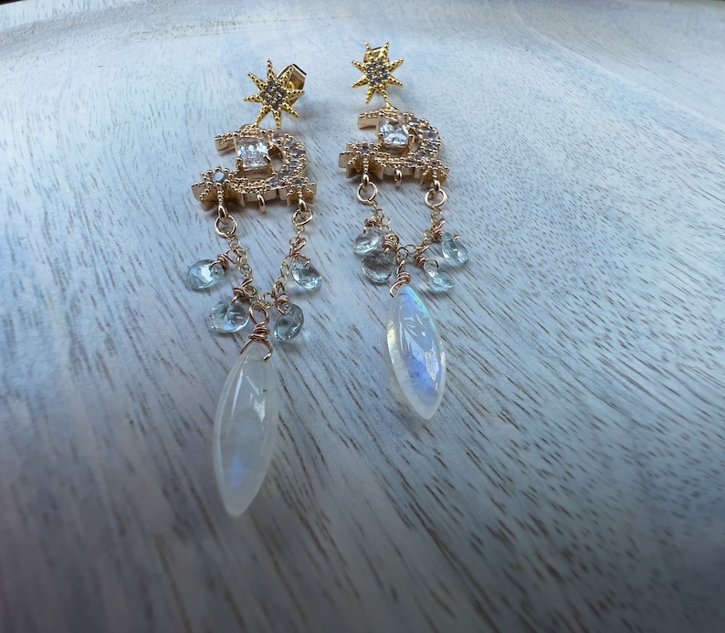 Moonstone Celestial Chandelier Earrings Gold Pave Aquamarine Earrings Galactic Moon and Star Rhinestone Jewelry Starseed Gift for Daughter image 5