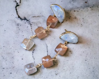 Rutilated Quartz Earrings Golden Gemstone Drop Earrings Moonstone Statement Studs Birthstone Jewelry Gift for Her