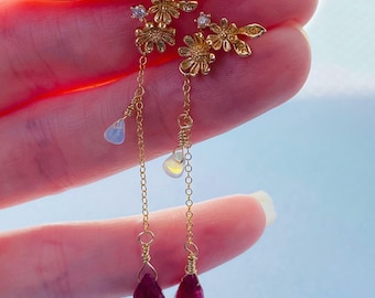 Leaf and Flower Opal Earrings, Gold Cz Chain Link Studs, Delicate Ruby Teardrop Dangle Earrings, Gemstone Earrings, Enchanting Jewelry