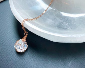 Raw Angel Aura Quartz Necklace, Rainbow Quartz Wire Wrapped Pendant, 14K Rose Gold Filled Delicate Necklace, Iridescent Jewelry Gift for Her
