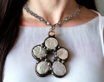 Huge Baroque Pearl Flower Pendant Necklace on an Oxidized Sterling Silver Chain, One of a Kind Statement Necklace, Perfect Gift for Her
