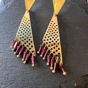 Modern Garnet Earrings Gold Fringe Dangles Red Crystal Spike Earrings Edgy Geometric Studs Large Statement Jewelry Unique Gift for  Bestie