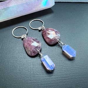 Lavender Moon Quartz and Ruby Dangle Earrings, Artisan Sterling Silver Gemstone Earrings for Her