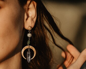 Crescent Moon Angel Aura Crystal Earrings Blue Quartz Gold Stud Dangle Earrings Summer Jewelry Handmade Gift for Her