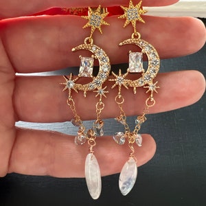 Moonstone Celestial Chandelier Earrings Gold Pave Aquamarine Earrings Galactic Moon and Star Rhinestone Jewelry Starseed Gift for Daughter image 9