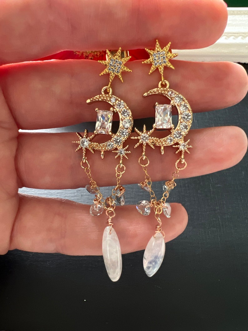 Moonstone Celestial Chandelier Earrings Gold Pave Aquamarine Earrings Galactic Moon and Star Rhinestone Jewelry Starseed Gift for Daughter image 9