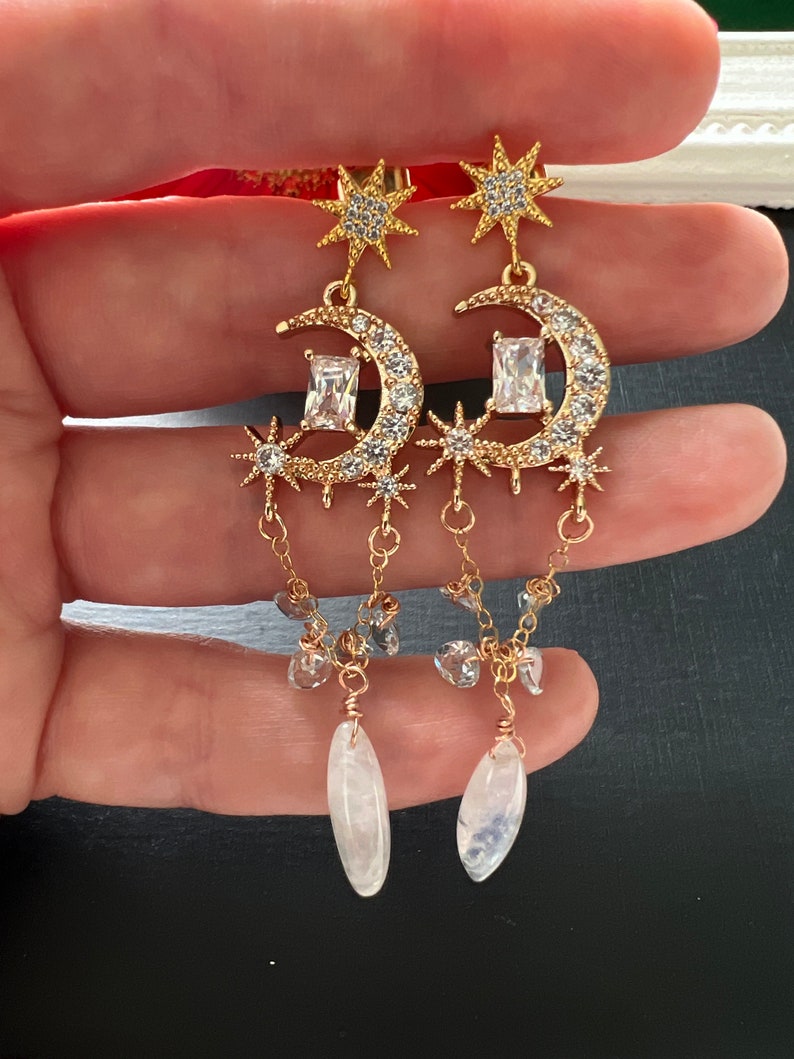 Moonstone Celestial Chandelier Earrings Gold Pave Aquamarine Earrings Galactic Moon and Star Rhinestone Jewelry Starseed Gift for Daughter image 10
