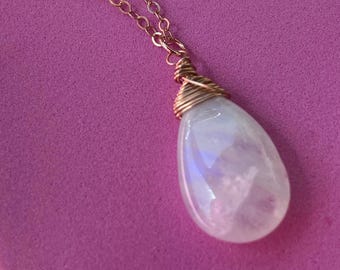 Moonstone Gem Necklace, Rainbow Moonstone 14K Rose Gold Filled Pendant,Fire Opal Chip Necklace, Blue Moonstone Bridal Necklace, Gift for Her