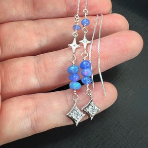 Purple Opal and Silver Cz Star Threader Earrings, Long Sterling Pull Through Earrings, Genuine Gemstone Jewelry Gift