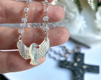 Mother of Pearl Dove Pendant with Silver Opalite Rosary Chain Necklace, Devotional Pendant, 1st Communion Gift