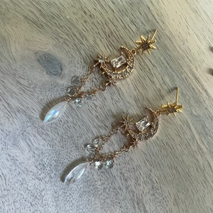 Moonstone Celestial Chandelier Earrings Gold Pave Aquamarine Earrings Galactic Moon and Star Rhinestone Jewelry Starseed Gift for Daughter image 7