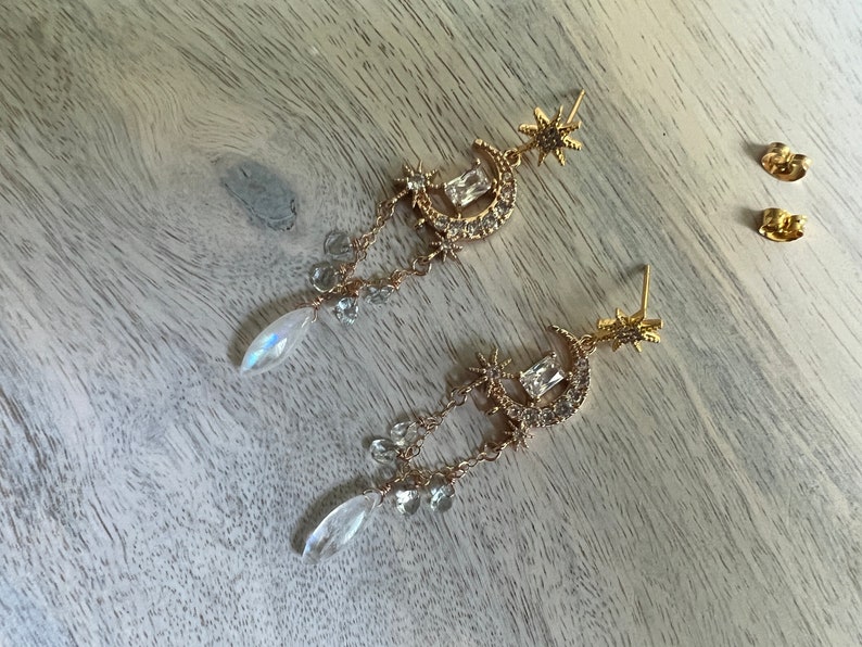 Moonstone Celestial Chandelier Earrings Gold Pave Aquamarine Earrings Galactic Moon and Star Rhinestone Jewelry Starseed Gift for Daughter image 7