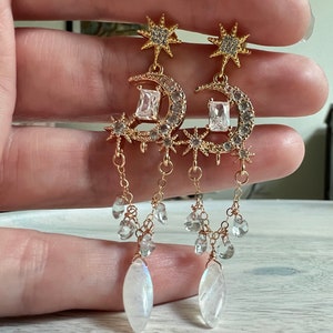 Moonstone Celestial Chandelier Earrings Gold Pave Aquamarine Earrings Galactic Moon and Star Rhinestone Jewelry Starseed Gift for Daughter image 8