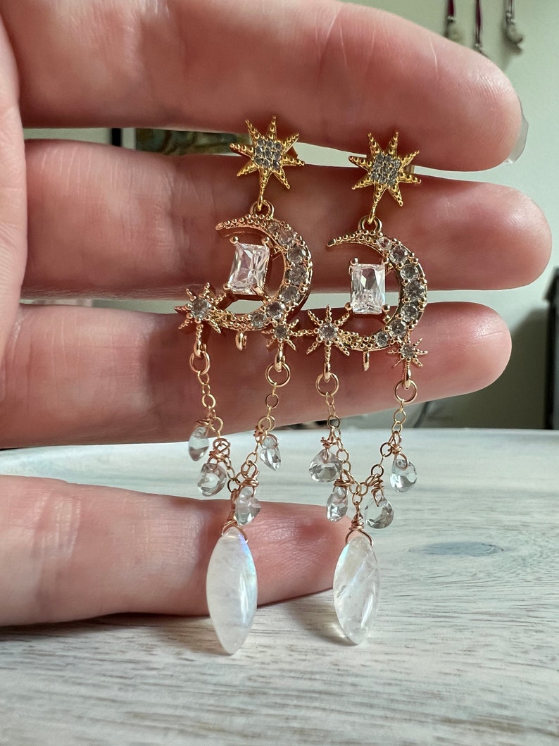 Moonstone Celestial Chandelier Earrings Gold Pave Aquamarine Earrings Galactic Moon and Star Rhinestone Jewelry Starseed Gift for Daughter image 8