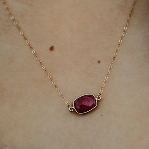 Ruby Bezel Gemstone Necklace, 14K Gold Filled Natural Rectangular Stone Pendant for Women, Mothers Day Gift