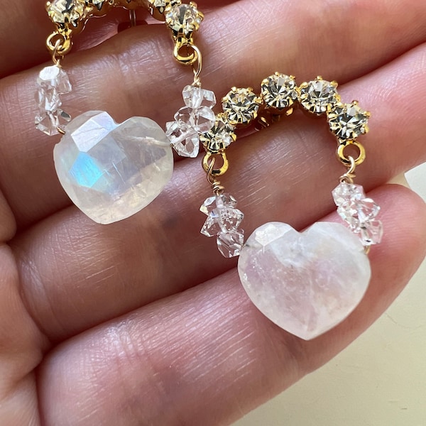 Moonstone and Herkimer Cluster Earrings Heart Shaped Rainbow Moonstone Earrings Gold Stud Rhinestone Earrings Bridal Gift for Her