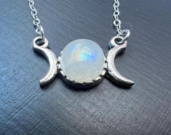 Triple Moon Goddess Necklace,Rainbow Moonstone Moonphase Pendant,Sterling Silver Crescent Witchy,Pagan,Mystical, Priestess Gift for Her