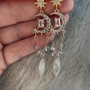 Moonstone Celestial Chandelier Earrings Gold Pave Aquamarine Earrings Galactic Moon and Star Rhinestone Jewelry Starseed Gift for Daughter image 4