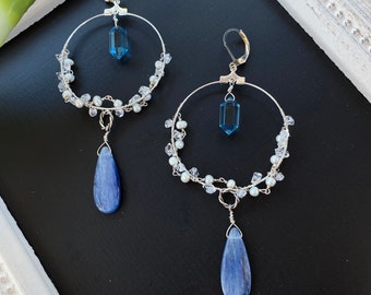 Kyanite and Pearl Chandelier Earrings with Herkimer, Blue Quartz Crystals and Sterling Silver Wire Wrap