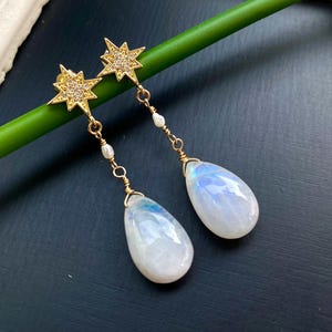 Shimmering Celestial Rainbow Moonstone Earrings, Mystical Starburst and Pearl Studs with CZ Diamonds for Bridal Elegance