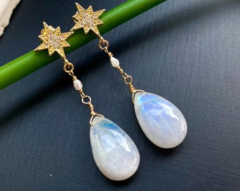Shimmering Celestial Rainbow Moonstone Earrings, Mystical Starburst and Pearl Studs with CZ Diamonds for Bridal Elegance