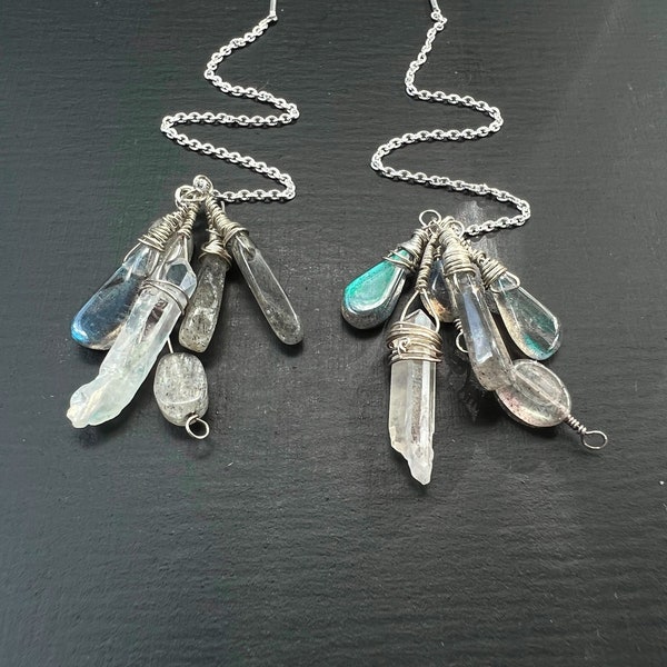 Labradorite and Angel Aura Quartz Crystal Cluster Silver Threader Earrings