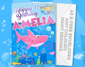 Personalised Baby Shark Birthday Granddaughter Grandson Sister Nephew Daddy Daughter Son Auntie Niece Mum Nana Wifey Grampy Friendly Card A5