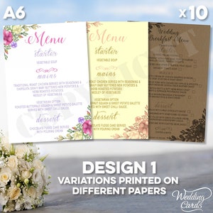 10 x Lista de opções de menu de festa de aniversário de casamento personalizado Refeição Mesa Entrada Principal Sobremesa Bebidas de boas-vindas Chá Café Aperitivos Cartões A6