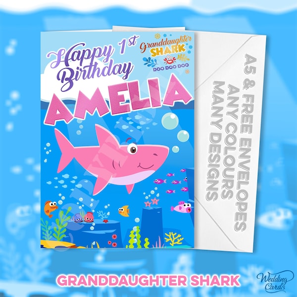 Personalised Baby Shark Birthday Granddaughter Grandson Sister Nephew Daddy Daughter Son Auntie Niece Mum Nana Wifey Grampy Friendly Card A5