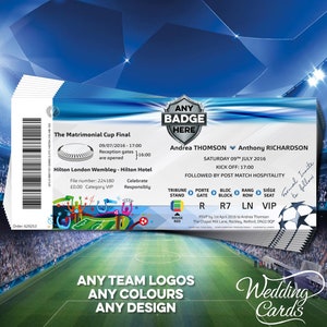 Personalisierte Hochzeit Fußball Themen-Einladung Jedes Design-Team Save the Date einladen Perforiertes Antwortkartenspiel für die Königsklasserücken